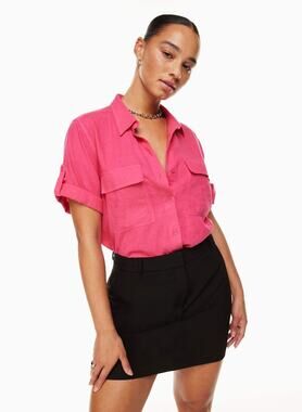 Babaton Magenta Pink Linen Short Sleeve Button Down Utility Camp Shirt Coastal